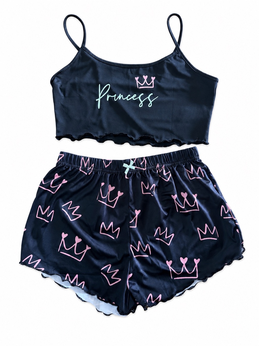 👑Princess Crown Black and Pink Satin Cami & Short Sleep Set